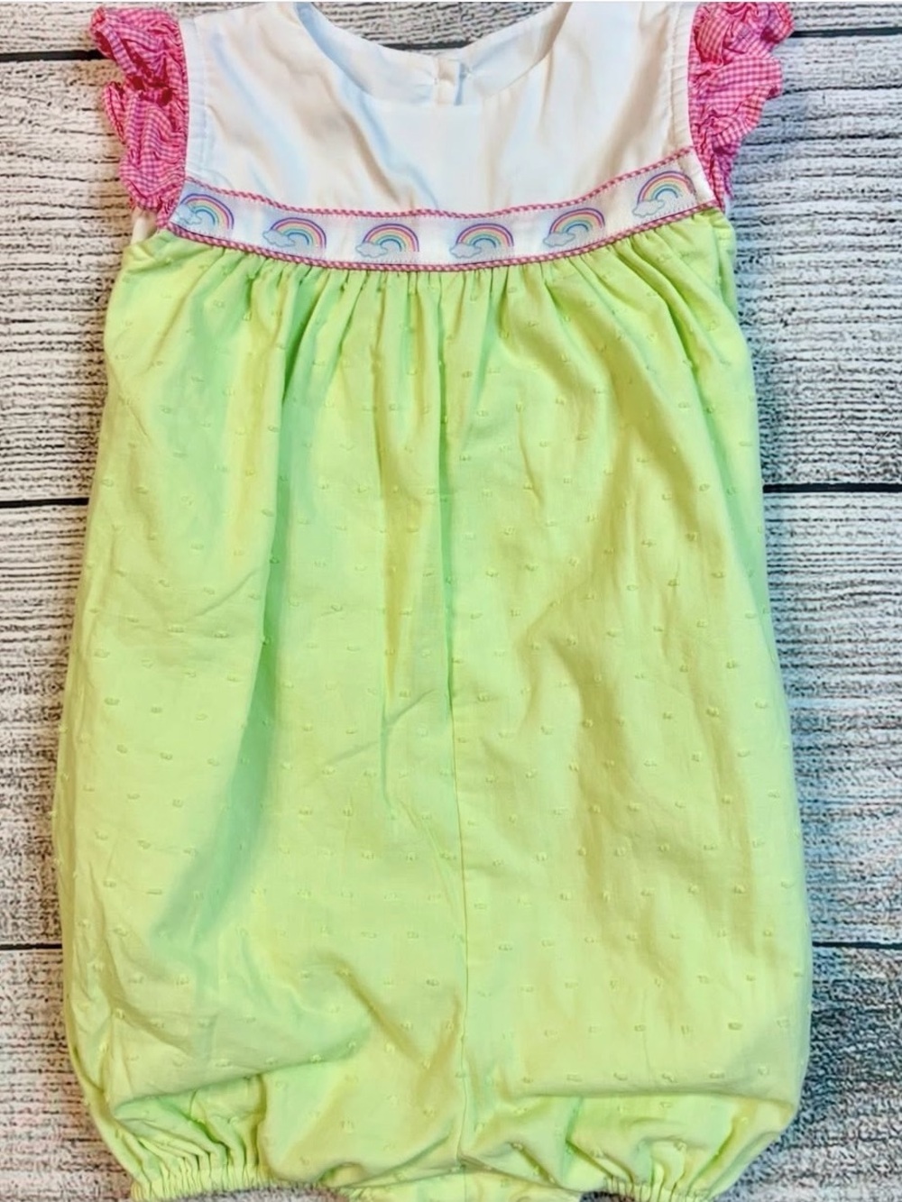 Baby Girl Lime Green Rainbow Bubble Romper with Pink Ruffle Sleeves